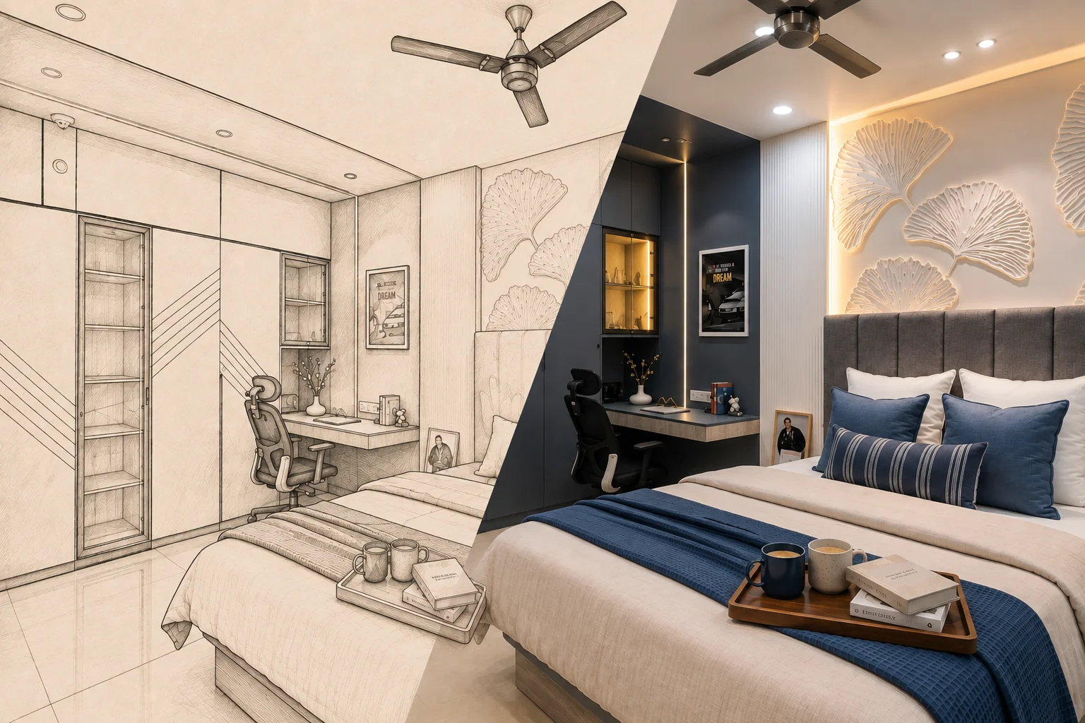 CanvaHous sketch and realised bedroom interior